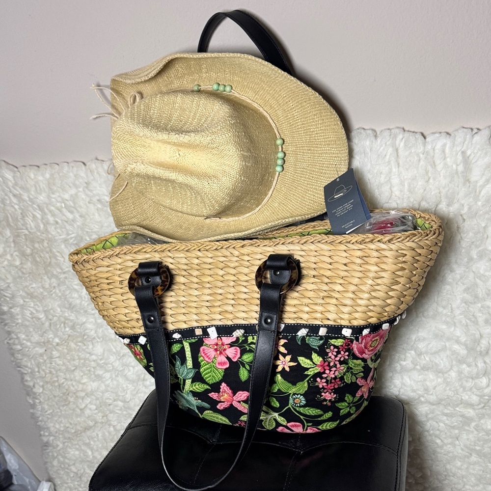 Vera Bradley Floral Straw Tote Bag with Black Handles